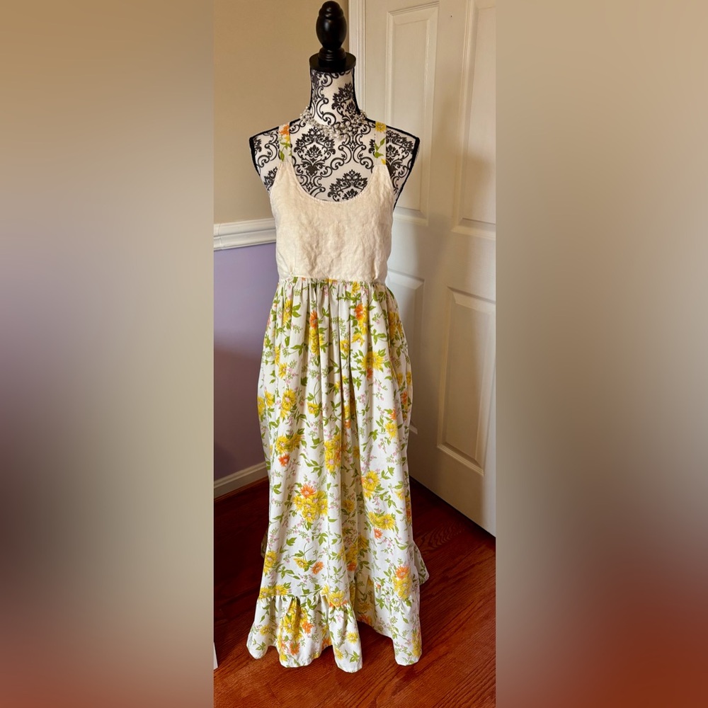 Floral Maxi Dress with Cream Bodice (tablecloth dress) lace up back. Size S-Lg